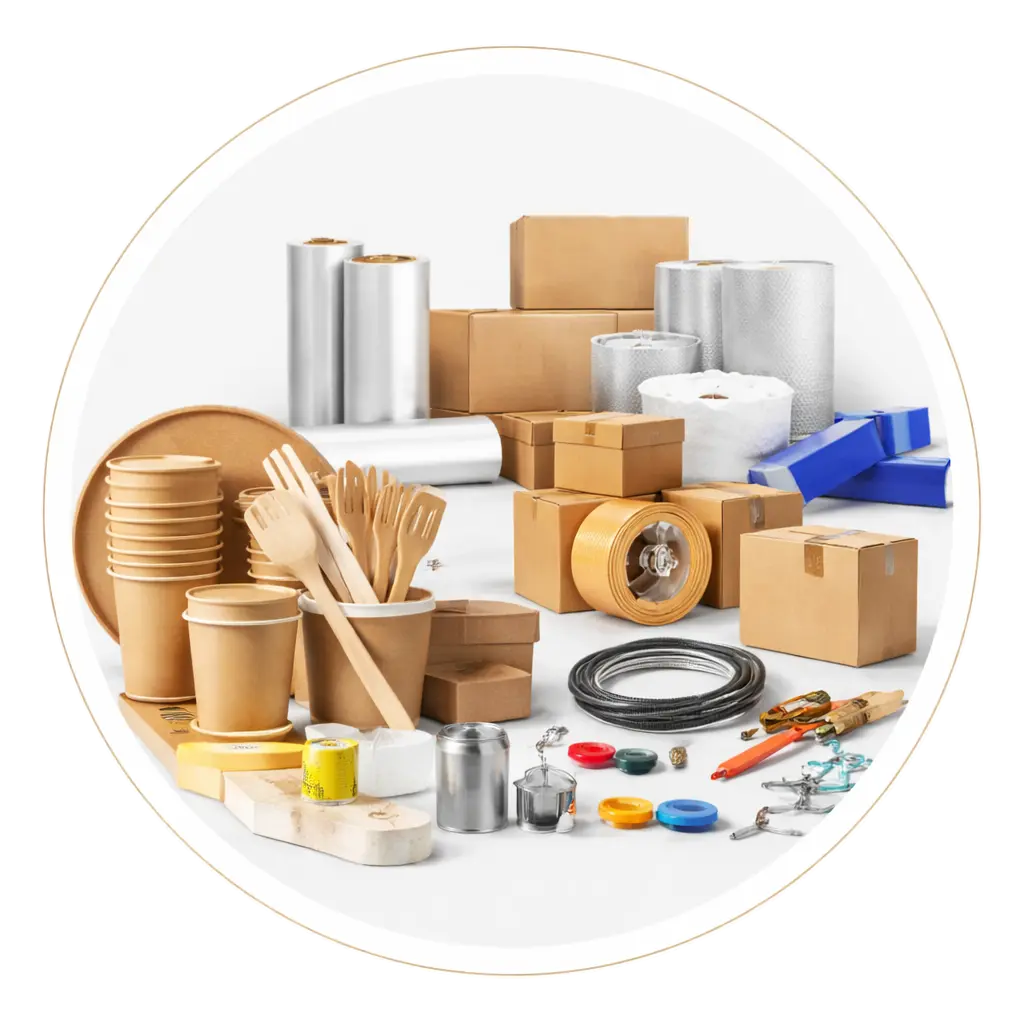 Packaging materials including carton boxes, stretch film, bubble wrap, kraft cups, straps and packaging supplies